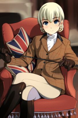 1girls armchair blonde_hair blue_eyes blush boots braid chair commentary_request crossed_legs female flag_print gloves highres jacket jodhpurs knee_boots looking_at_viewer matsunaga_kouyou original pants pillow print_pillow riding_boots riding_crop riding_outfit sitting solo union_jack united_kingdom