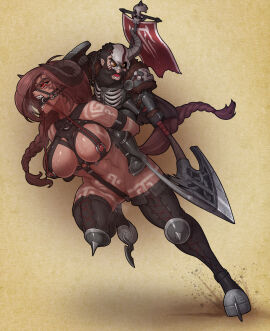 angry angry_expression axe banner big_breasts bit_gag bondage bound breasts brown_hair dwarf exposed_nipples fangs female femsub gag gagged glowing_eyes harness horn horned_female horned_humanoid horns linked_nipples male maledom muhut nipple_piercing nipple_pull petplay pierced_nipples piercing pony_girl pony_play ponygirl ponyplay powerful_sub red_eyes slave smaller_dom_larger_sub submissive_female tamed unwilling