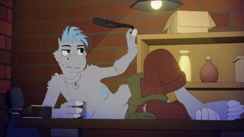 3_fingers 4_toes alcohol animated anthro ashley_mills_(rvb_revolution) bar beverage blender_(artwork) breasts chupadore clothed clothing collar digital_media_(artwork) feet female fingers howl jacket_around_waist navel navel_piercing piercing raemyshu rvb_revolution small_breasts solo tail tail_tuft toes topless tuft