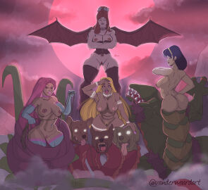 alraune alura_une amphisbaena animal_head areola armpit_hair armwear ass big_ass big_breasts big_butt blonde_pubes blood_moon body_hair breasts brown_eyes castlevania choker clothing cloud colored_nails corset crossed_arms dark_body dark_skin demon elbow_gloves elemental_creature european_mythology eyelashes female flora_fauna for_a_head front_view genitals gloves green_body green_scales group hair hand_on_hip handwear hi_res humanoid jewelry konami legwear lingerie long_hair looking_at_viewer looking_back looking_back_at_viewer membrane_(anatomy) membranous_wings moon mythology nails navel navel_piercing necklace night nipple_piercing nipples open_mouth pale_skin piercing pink_areola pink_hair pink_nails pink_nipples pink_pubes plant pubes purple_clothing purple_eyes purple_hair purple_legwear purple_thigh_highs purple_wings pussy rear_view red_hair scales scylla_(castlevania) sharp_teeth succubus succubus_(castlevania) tan_body tan_skin teeth thick_thighs thigh_highs topwear vanderwaardart white_clothing white_gloves white_handwear white_legwear white_thigh_highs wide_hips winged_humanoid wings