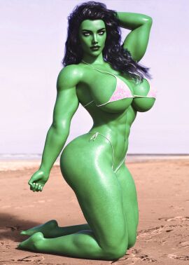 1girls 3d abs agent_4_tea_se7en ass beach big_breasts bikini breasts female female_only green_skin huge_breasts marvel marvel_comics muscular muscular_female she-hulk solo