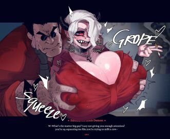 1boy 1girls 2d 2d_(artwork) 2d_artwork areola_bulge areolae_visible_through_clothing barely_contained barely_contained_breasts big_breasts big_hands blurry_background blush breast_focus breast_grab breast_grab_from_behind breasts breasts_bigger_than_head cigarette cleavage cross_necklace demon demon_girl demon_horns demon_humanoid dialogue dirty_talk english_text female female_focus femsub focused fog fondling fondling_breast from_behind gigantic_breasts grabbing grabbing_another's_breast grabbing_breasts grabbing_from_behind groping groping_breasts groping_from_behind hairy_arms hearts heavy_breathing helltaker helltaker_(character) horns horny horny_female huge_breasts huge_hands humanoid humanoid_only hyper_breasts intense_face jewelry krekk0v larger_male light-skinned_female light_skin looking_pleasured male male/female massive_breasts mouth_open necklace nipple_bulge nipple_pinch nipple_play nipples_visible_through_clothing onomatopoeia reddened_breasts sharp_teeth size_difference sound_effects speech standing steam steamy_breath straight stuttering submissive submissive_female sweat sweatdrop sweaty sweaty_breasts text tight_clothing tongue_piercing topwear topwear_grab tremble_spikes upper_body upper_body_focus zdrada_(helltaker)