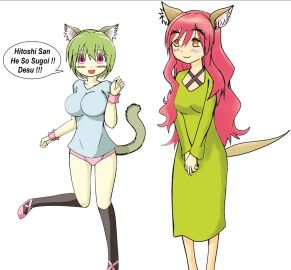 2girls black_socks blue_shirt blush blush_lines breasts cat_ears cat_girl cat_tail catgirl dialogue dress fanime female green_dress green_hair jmantime kneehigh_socks kneehighs koneko-chan long_hair looking_at_another neko nyan_neko_sugar_girls n~nsg open_smile panties pink_eyes pink_hair pink_panties pink_shoes purple_blush raku-chan red_hair short_hair smile smiling smiling_at_another speech_bubble talking text text_bubble yellow_eyes