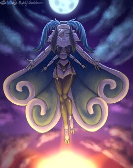 2_toes 3_fingers 4_fingers antennae_(anatomy) anthro arthropod big_antennae blue_antennae blue_wings breasts closed_eyes clothing cloud eris_voltia-softcoat eye_patch eyewear feet female fingers garter_belt garter_straps genitals hi_res insects jewelry leggings legwear lepidopteran mightywheelchair missing_eye moon moth nipples nun_outfit pendant pussy ruff sky skyscape solo spread_arms sun toes translucent translucent_clothing twilight vulva white_body wings