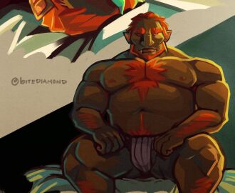 balls bara beard bitediamond bulge chest_hair diamondwerewolf facial_hair flaccid ganondorf ganondorf_(wind_waker) gerudo green_body green_skin jockstrap jockstrap_only male male_only muscles muscular nintendo penis red_hair sitting solo solo_male the_legend_of_zelda wind_waker yaoi