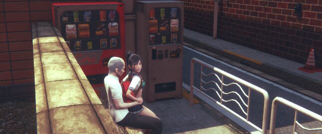 1girls 3d black_hair brown_eyes caught cowgirl_position female head_turned honey_select_2 male older_male older_male_and_younger_female public red_backpack school_uniform schoolgirl shirt_lift vending_machine zebra_print