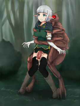 1girls arm_grab black_legwear black_thighhighs blue_eyes blush boots brown_boots clothed_sex clothing cum cum_in_pussy cum_inside elbow_gloves elf female from_behind gloves green_skirt insectophilia insects interspecies knees_together_feet_apart legs_together male monster original outdoors outside ovipositor penetration penis pointy_ears pussy restrained shirt short_hair skirt skirt_lift standing thighhighs vaginal_penetration white_hair wide_eyed worried yakuto007