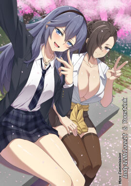 2girls :d alternate_costume bench black_hairband black_jacket blue_eyes blue_hair brand_of_the_exalt breasts brown_eyes brown_hair brown_thighhighs cherry_blossoms cleavage closed_mouth clothes_around_waist collarbone collared_shirt commission female female_only fire_emblem fire_emblem_awakening fire_emblem_fates hair_between_eyes hair_over_one_eye hairband highres jacket jewelry kagero_(fire_emblem) large_breasts long_hair long_sleeves looking_at_viewer lower_teeth_only lucina_(fire_emblem) multiple_females multiple_girls mzrz necklace necktie nintendo on_bench open_clothes open_jacket open_mouth partially_unbuttoned petals plaid_clothes plaid_necktie plaid_skirt school_uniform selfie shirt sitting skirt smile sweater sweater_around_waist symbol-shaped_pupils symbol_in_eye teeth thighhighs v w