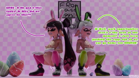1920x1080 2girls 3d blender blender_cycles breasts bunny_ears bunnysuit callie_(splatoon) collar dialogue earrings easter_egg egg egg_laying english_text female gloves holding_belly inkling inkling_girl inkloving leggings marie_(splatoon) marie_(wo262) mole mole_under_eye pain pained_expression pregnant pussy splatoon squatting squid_sisters tagme tentacle_hair text vaginal_juices wo262_(3d_model_style)