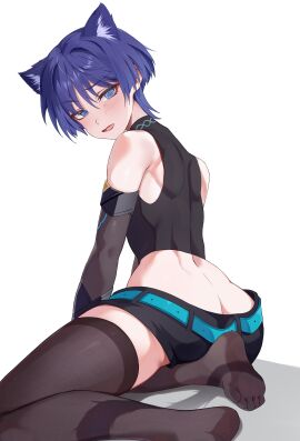 1boy arched_back ass bare_shoulders blue_eyes blue_hair blush booty_shorts cat_boy cat_ears cat_humanoid cat_tail catboy chobonu crossdressing feet femboy genshin_impact girly hi_res hips hotpants looking_at_viewer male male_only matching_hair/eyes open_mouth scaramouche_(genshin_impact) short_shorts shorts solo tagme thighhighs twink