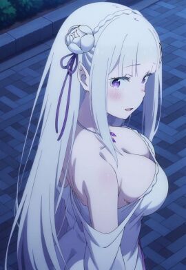 ai_generated bare_shoulders breasts cleavage collarbone dress earrings elf emilia_(re:zero) female hair_ornament hair_ribbon highres jewelry long_hair necklace open_mouth pointy_ears purple_eyes re:zero_kara_hajimeru_isekai_seikatsu ribbon shirt solo strapless strapless_dress upper_body wedding_dress white_dress white_shirt x_hair_ornament