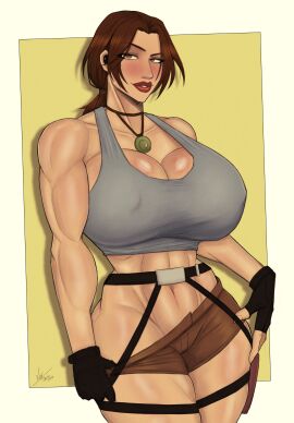 1girls 2d 2d_(artwork) amulet artist_signature bare_shoulders belt big_breasts big_lips black_gloves blush breasts brown_eyes brown_hair brown_shorts brunette_hair cleavage clenched_teeth clothes_pull collar covered_nipples earphones female female_only fingerless_gloves gloves grey_tank_top groin harness hourglass_figure jewelry lara_croft light-skinned_female light_skin lipstick looking_at_viewer low_ponytail mature_female midriff muscles muscular muscular_arms muscular_female narrow_waist navel necklace nexjade open_mouth pendant ponytail pulling_own_clothes red_lipstick shorts shorts_pull sideboob sidelocks simple_background slim_waist solo tank_top thick_thighs thighs tomb_raider wireless_earphones
