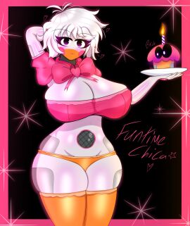 2d 4k adorable_face bowtie breasts breasts_bigger_than_head cupcake cupcake_(fnaf) female five_nights_at_freddy's five_nights_in_anime fnaf freddy_fazbear's_pizzeria_simulator funtime_chica_(fnaf) gothtrishy heart hi_res highres huge_breasts lipstick looking_at_viewer panties pink_eyes purple_eyes robot robot_girl robot_humanoid scottgames shiny_skin short_hair solo squishy text thick_thighs thighhighs thighs ultimate_custom_night white_hair