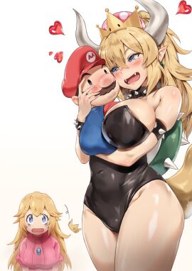 arms_under_breasts between_breasts blonde_hair blue blue_eyes bowsette breasts female hips large_breasts mario mario_(series) new_super_mario_bros._u_deluxe nintendo princess_peach rainmaker_(artist) smile super_mario_bros. thick_thighs