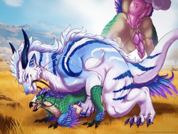 4:3 anal bodily_fluids capcom capture claws cook cum dinosaur dragon drake_(disambiguation) dromaeosaurid fanged_wyvern feathers feral from_behind_position fur furred_dragon furred_scalie genital_fluids genitals holding_(disambiguation) knot leaky male monster_hunter monster_hunter_creature mounting mythological_creature mythological_scalie mythology penetration penis prehistoric_species raptor-like reptile scales scalie seikret sex size_difference slit_(disambiguation) text theropod url wilds-raptor wolfie-feral