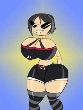bare_shoulders black_eyes black_hair breasts cleavage curvy female huge_breasts makeup short_hair smile solo striped striped_legwear thick_thighs thighhighs thighs wide_hips