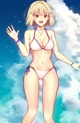 arcueid_brunestud bikini bird blonde_hair bracelet breasts cloud female highres iro_(sekaixiro) jewelry large_breasts medium_breasts necklace red_eyes swimsuit sy thigh_gap tsukihime waving white_bikini