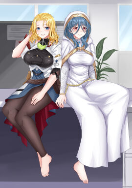 2girls adjusting_hair alternate_costume blonde_hair blue_eyes blue_hair breasts cosplay costume_switch dress female female_only fire_emblem fire_emblem:_the_sacred_stones grin hair_between_eyes honkai:_star_rail honkai_(series) hood indoors large_breasts leggings long_sleeves medium_breasts medium_hair multiple_females multiple_girls natasha_(fire_emblem) natasha_(fire_emblem)_(cosplay) natasha_(honkai:_star_rail) natasha_(honkai:_star_rail)_(cosplay) nintendo note nun office on_table plant priestess red_eyes rynn_(darknescorez) short_hair short_sleeves sidelocks sitting smile table window yellow_hair