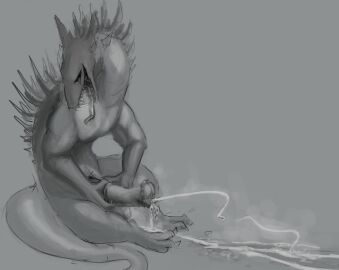 animal_genitalia balls bodily_fluids breath corvidtree cum cum_drip cum_on_penis cum_splatter cumshot dragon dripping ejaculation equine_genitalia feral flared_penis frill_(anatomy) genital_fluids genitals greyscale hi_res holding_penis male monochrome musk musk_cloud musky_penis mythological_creature mythological_scalie mythology open_mouth penis saliva saliva_string scalie solo solo_focus teeth tongue