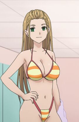 1girls big_breasts bikini blonde_hair breasts busty cleavage confident female female_only forehead hand_on_hip kaii_to_otome_to_kamikakushi large_breasts long_hair looking_at_viewer navel pose posing screencap sensual smile solo stitched swimsuit third-party_edit thong_bikini usami_erika