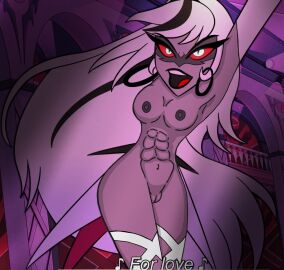 abs areolae arms_up breasts carmilla_carmine dancing female grey_hair hazbin_hotel long_hair naked naked_female nipples no_bra no_panties pussy red_sclera small_breasts song tall_female vivienne_medrano vivziepop white_eyes white_hair