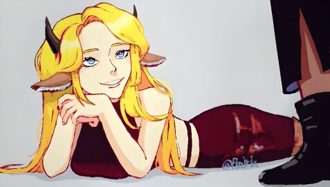 1boy 1girls blonde_hair blue_eyes clothed clothed_female clothed_male clothing dark-skinned_male dark_skin deer deer_ears deer_girl deer_horns devil devil_horns english_text epon_clef faceless_male female grey_background happy happy_female horn light-skinned_female light_skin long_hair looking_at_partner looking_up lying lying_on_stomach male monster monster_girl prairia scp-166 scp_foundation skirt smile standing standing_male text very_long_hair young young_female