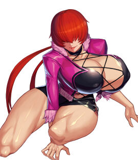 1girls bare_thighs big_breasts breasts cleavage eyes_hidden female female_only hair_covering_eyes highres huge_breasts king_of_fighters laying_on_ground light-skinned_female light_skin miniskirt ponytail red_hair resting shermie_(kof) short_skirt smiling snk thick_thighs ti_(pixiv473275) voluptuous voluptuous_female