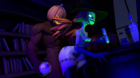 1boy 1girls animated big_ass big_butt big_thighs cauldron dark-skinned_male dilated_pupils doggy_style expressions female gloves gloves_and_boots_only glowing_eyes green_skin halloween hips_wider_than_shoulders kiduna_doll kiduna_doll_(merafume) lortbort orange_hair perky_breasts perky_nipples potion potion_bottle pumpkin pumpkin_head small_breasts spooky_month standing standing_doggy_style standing_sex stitched_body stitches tagme video wide_hips witch witch_costume witch_hat