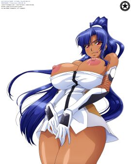 2018 absurd_res akiranyo arm_gloves artist_logo artist_name breasts breasts_out character_name dark-skinned_female dark_skin english_text erect_nipples female hands_on_crotch licking_lips long_hair nipples ponytail purple-haired_female red_eyes short_dress taimanin_(series) taimanin_asagi_3 text thick_thighs top_pulled_down transparent_background vector_trace white_dress white_hair_tie work_name yatsu_murasaki