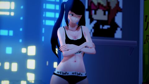 3d black_hair breasts crossed_arms embarrassed female julianne_stingray koikatsu light-skinned_female light_skin lingerie lingerie_only long_hair looking_away one_eye_closed partially_clothed small_breasts solo solo_female solo_focus spiritofrei themed_clothes twintails va-11_hall-a