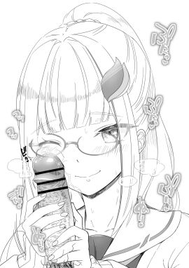 1boy bar_censor blush censored cheek_press facejob female glasses greyscale highres lize_helesta lize_helesta_(4th_costume) looking_at_viewer male male_pubic_hair monochrome nijisanji one_eye_closed penis penis_awe penis_grab penis_on_face precum pubic_hair straight tofa virtual_youtuber