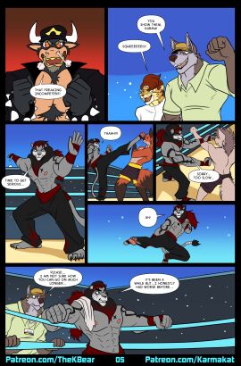 absurd_res anthro arm_tattoo canid canine canis chest_tattoo clothing coach_dale comic dialogue felid fiery_eyes hat headgear headwear hi_res karmakat lion male mammal muscular muscular_anthro muscular_male pantherine simple_background tattoo thekinkybear wolf wrestler wrestling wrestling_outfit