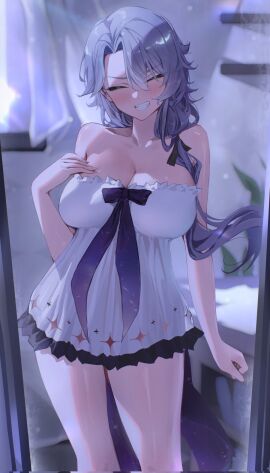 bare_shoulders black_ribbon breasts cleavage closed_eyes corrupted_twitter_file cosplay dress female grey_hair hair_between_eyes hair_ribbon highres long_hair phase_connect phase_origins ribbon second-party_source shisui_michiru shisui_michiru_(phase_connect) smile solo utatane_nasa utatane_nasa_(cosplay) virtual_youtuber vtuber white_dress yoellim5