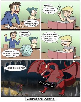 2022 3_fingers 3_toes 4:5 4_fingers 5_panel_comic ambiguous_gender artist_name bard biped bipedal_feral black_border blue_clothing blue_shirt blue_topwear border bottomwear cave cel_shading censored censored_sex_toy claws clothed clothing crossed_arms dialogue digital_drawing_(artwork) digital_media_(artwork) digitigrade dominant dominant_feral dragon duo eirinn_ske english_text enthusiastic eyewear feet female female_(lore) feral fingers fully_clothed furniture giggling glasses green_bottomwear green_clothing green_eyes green_pants hand_on_mouth hat_feather headgear headwear hi_res human human_on_feral humor imminent_pegging imminent_rape imminent_sex inside interspecies larger_feral long_neck loose_feather lute male mammal mixed_media musical_instrument mythological_creature mythological_scalie mythology notebook number open_mouth pants parody pencil pile_of_gold plantigrade plucked_string_instrument red_body red_clothing red_scales red_shirt red_topwear scales scalie shaded shadow shirt size_difference smaller_human speech_bubble strap-on strapon string_instrument table tail text toes tongue tongue_out topwear unimpressed zoophilia