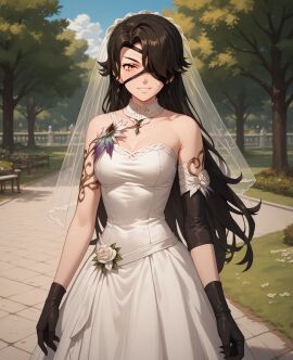 ai_generated black_hair bride cinder_fall eye_patch nimona1491_(artist) rwby wedding_dress