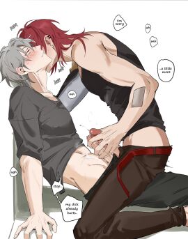 2boys biting_lip biting_own_lip blush blush_lines caelus_(honkai:_star_rail) clothed clothed_male clothed_sex clothing cum cumming cumming_together cumshot dry_orgasm eyes_rolling_back frottage frotting gay gay_sex grey_hair hi_res high_resolution highres honkai:_star_rail kissing kissing_neck luka_(honkai:_star_rail) male male/male male_only muscles muscular muscular_male nipple_bulge nipples_visible_through_clothing overstimulation pecs pectorals pinned post-orgasm_torture red_hair robotic_arm shadow sitting sitting_on_floor sitting_on_lap sitting_on_person sweat sweatdrop sweating sweaty text wall white_background yaoi yellow_eyes yukaero4