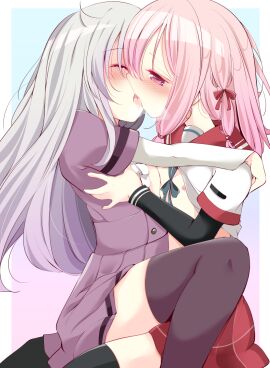 2girls asymmetrical_docking azusa_mifuyu black_thighhighs blush breast_press breasts closed_eyes commentary_request female heavy_breathing hug inasa_orange kamihama_university_affiliated_school_uniform kissing long_hair magia_record:_mahou_shoujo_madoka_magica_gaiden mahou_shoujo_madoka_magica mizuna_girls'_academy_school_uniform multiple_females multiple_girls nipples pink_hair purple_thighhighs red_eyes saliva school_uniform symmetrical_docking tamaki_ui thighhighs tongue tongue_out white_hair yuri