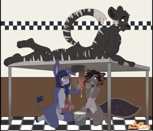 absurd_res amphibian animal_genitalia anthro asinus axolotl bodily_fluids collar collar_only cum cum_drip donkey dripping ejaculation elliot_(softpawcafe) equid equine equine_genitalia felid femboy finnegan_(softpawcafe) genital_fluids genitals group hi_res hole_in_table male male/male mammal marine milking_table mole_salamander nude pantherine penile penis penis_milking salamander softpawcafe trio