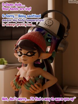 3d acht_(splatoon) beanie black_sclera blender breast_grab breasts callie_(splatoon) couple dedf1sh dialogue earrings female green_skin hat headgear headphones headwear hi_res highres inkling inkling_girl inkloving mole sanitized_octoling splatoon squid_sisters tagme tentacle_hair turquoise_eyes wo262_(3d_model_style) yellow_eyes