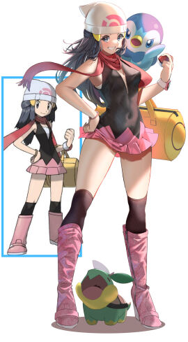1girls bag beanie black_hair blue_eyes blue_hair blush boots breasts dawn_(pokemon) duffel_bag female floating_scarf gen_4_pokemon hair_ornament hairclip hat highres holding holding_poke_ball long_hair looking_at_viewer momdy_(talesshinja) nintendo open_mouth pink_boots poke_ball poke_ball_(basic) poke_ball_print pokemon pokemon_(creature) pokemon_dppt scarf shirt skirt sleeveless smile standing tail turtwig white_hat