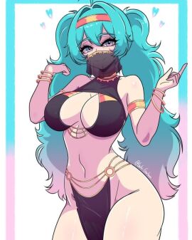 1girls 2025 alternate_version_available belly belly_dancer belly_dancer_outfit big_breasts black_bra black_clothing black_loincloth black_top black_topwear blue_eyebrows blue_hair boob_window bracelet bracelets breasts cleavage curvy curvy_female curvy_figure eyebrows female female_only gato_gratam harem_outfit hatsune_miku human instagram_link light-blue_hair light-skinned_female light_skin loincloth looking_at_viewer mask masked_female mouth_mask navel no_ai o-ring revealing_clothes skimpy_clothes solo teal_hair vocaloid white_background