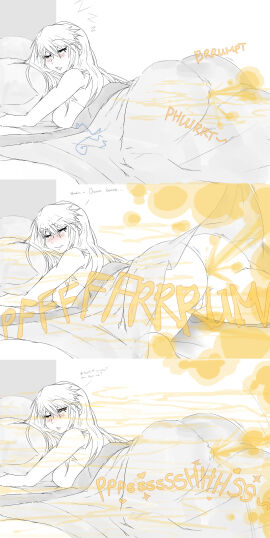 1girls anus ass ass_bigger_than_head asshole bed big_ass big_butt blanket blush closed_eyes english_text fart fart_cloud fart_fetish farting female fullmetal_alchemist fullmetal_alchemist_brotherhood laying_down laying_on_bed laying_on_stomach lazei one_eye_closed pussy rear_view riza_hawkeye sketch sleeping solo_female text thick_thighs uncolored vagina viewed_from_behind zzz