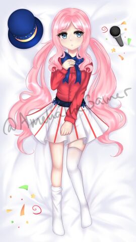 1girls 2d 2d_(artwork) 2d_artwork ameliathegamer blue_eyes bow confetti dakimakura_design female hat lying lying_on_back lying_on_bed microphone pink_hair roblox roblox_game skirt solo stockings tagme thick top_hat tower_heroes voca_(tower_heroes) white_stockings