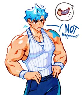 bara blue_hair blue_pants brown_eyes denbe_(sachuman) eggplant gay male male_only muscular muscular_male necklace oc peach_(fruit) sachuman tank_top tattoo text_bubble white_shirt yaoi