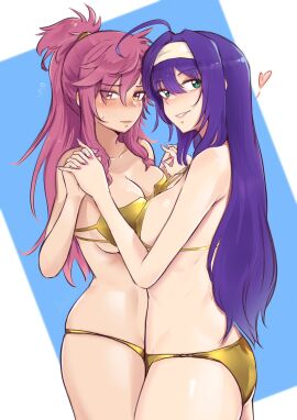 2girls alternate_costume ass bare_arms bare_shoulders big_ass bikini blush breast_press breasts cleavage cowboy_shot female female_only fire_emblem fire_emblem:_radiant_dawn fire_emblem:_the_sacred_stones gold_bikini gold_swimsuit green_eyes hairband heart highres holding_hands long_hair looking_at_viewer marisa_(fire_emblem) medium_breasts mia_(fire_emblem) multiple_females multiple_girls nail_polish nintendo pink_hair pink_nails ponytail purple_hair purple_nails sideboob sidelocks standing strapless strapless_bikini swimsuit symmetrical_docking underboob very_long_hair vialnite white_hairband yellow_bikini yellow_eyes yellow_swimsuit