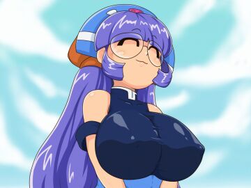animated bouncing_breasts breasts erect_nipples erect_nipples_under_clothes female glasses gluko huge_breasts ikayama_gesokichi mon_colle_knights nipples no_bra purple_hair smile twintails