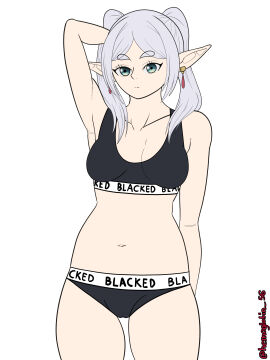 blacked blacked_clothing breasts earrings elf elf_ears female frieren hemoglobin_56 small_breasts solo_female solo_focus sousou_no_frieren white_hair