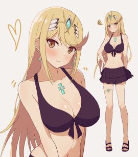 1girls absurd_res alternate_costume bare_shoulders big_breasts bikini black_bikini blonde_hair blush breasts chest_jewel commentary_request core_crystal female full_body hand_on_own_hip headpiece high_res long_hair looking_at_viewer mythra navel nintendo sandals standing swept_bangs swimsuit thigh_strap tiara very_long_hair white_background xenoblade_(series) xenoblade_chronicles_2 yellow_eyes yoshikirino