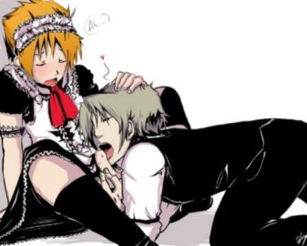 2boys animal_ears apron arm_garter black_legwear blonde_hair blush closed_eyes dress fellatio female frills hand_on_another's_head heart joshua_kiryu lace licking long_sleeves lying maid male male_focus multiple_boys multiple_males neku_sakuraba on_back open_mouth oral penis saliva short_hair simple_background sitting spread_legs the_world_ends_with_you thighhighs tongue underwear white_background yaoi