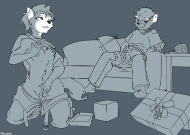 2020 anthro areola artist_name belt biped black_nose bottomwear bottomwear_down box breasts canid canine clothed clothed_herm clothed_male clothing container duo english_text erection flaccid fox fox_mccloud front_view furniture futanari gender_transformation genitals genitals_shrinking gift_box glans halcy0n herm hi_res human_to_anthro intersex intravaginal_penis kneeling krystal krystal_(star_fox) looking_at_another looking_pleasured male markings masturbation mid-transformation monochrome mtf_transformation nintendo nipples on_sofa pants pants_down partially_clothed penile penile_masturbation penis penis_shrinking pussy sackless simple_background sitting sitting_on_sofa sofa species_transformation spread_legs spreading star_fox story story_in_description tail tail_motion tailwag text transformation vulva white_markings